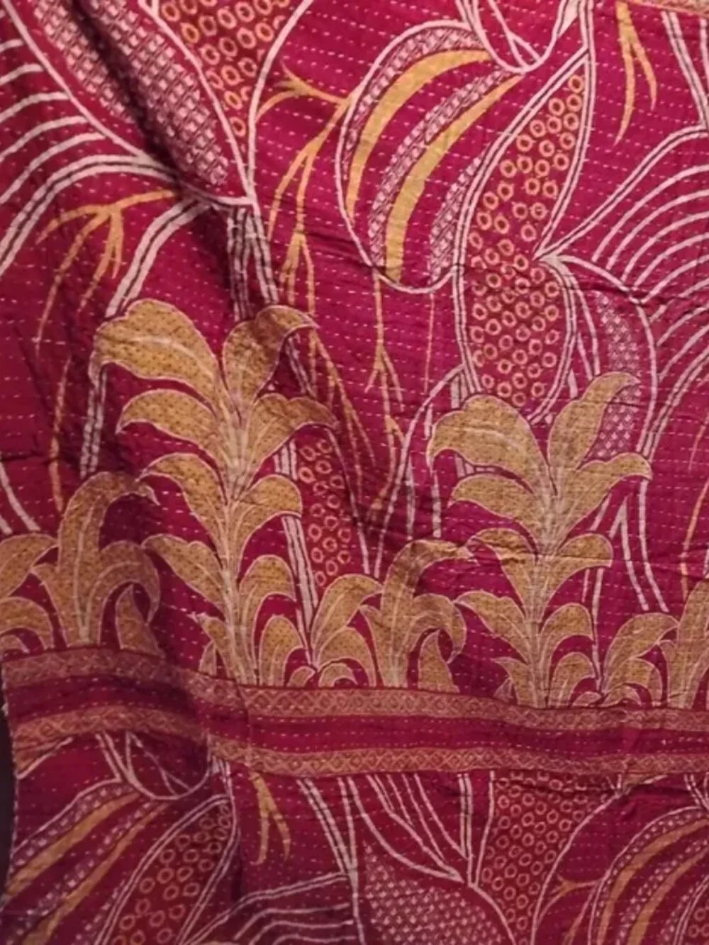 Kantha Quilt Red Yellow Large Leaves Premium 3 Layer Cotton K216.